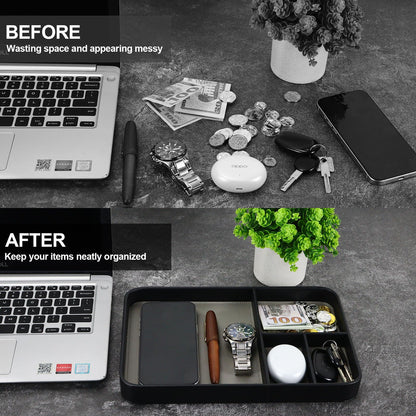 MultiBey Vegan Leather Valet Tray - 4-Compartment EDC Catchall Tray for Nightstand & Entryway Table - Minimalist Desk Organizer for Keys, Wallet, Watch, Phone & Jewelry Black
