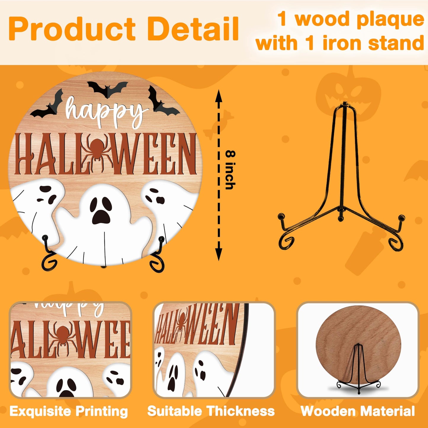Seclate Halloween Desk Decorations for Home, Spider Wooden Table Centerpieces for Office Living Room Shelf Decor, Bat Ghost Gifts for Women Friends - E09