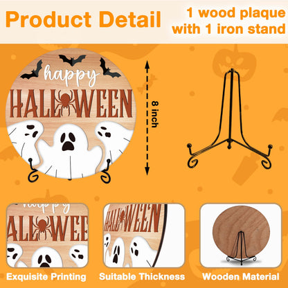 Seclate Halloween Desk Decorations for Home, Spider Wooden Table Centerpieces for Office Living Room Shelf Decor, Bat Ghost Gifts for Women Friends - E09