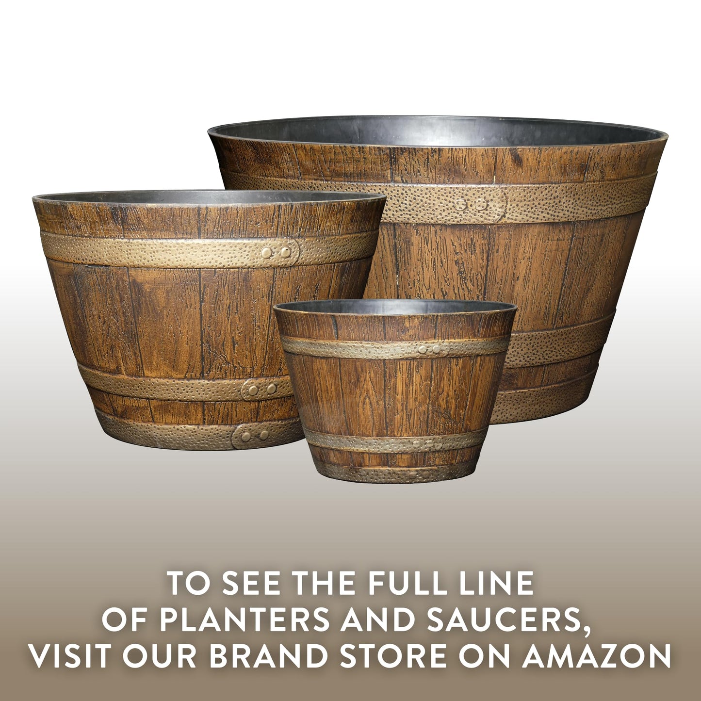 Classic Home & Garden Whiskey Barrel Planters - Wooden Finish Flower Planter Pot - Decorative Garden Pots - Indoor & Outdoor Resin Planters - Weather-Resistant Planting Pots (15” Oak Brown, Pack Of 1)