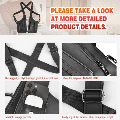 BIFENGSHUNCAI Double Shoulder Armpit Bagm, Mens Leather Shoulder Holster Bag with Anti-Theft Hidden Adjustable Strap Holster, Multi-Pocket Outdoor Water Resistant Crossbody Pack (Black)
