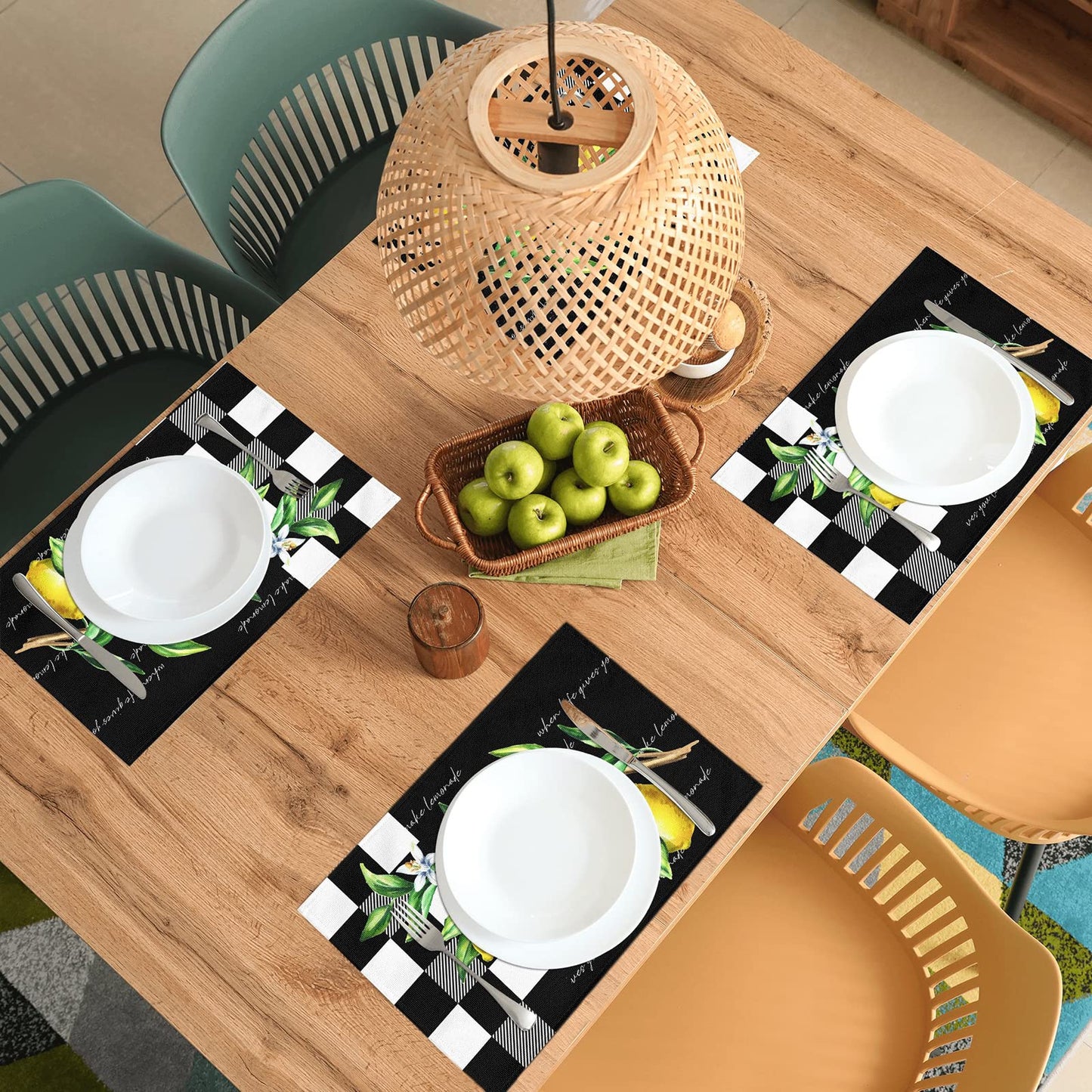 Placemats Set of 4, Yellow Lemon Non Slip Heat Resistant Linen Fabric Cotton Cloth Place Mats, Buffalo Plaid Black Square Washable Dining Table Mat for Summer Fall Rustic Farmhouse Home Kitchen Decor