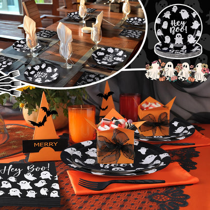 Havawish 122pcs/ 24 Set Halloween Paper Plate and Napkin Hey Boo Tableware Set Include 48 Spooky Black White Ghost Plate 50 Cocktail Napkins 24 Forks for Halloween Birthday Party Decoration, Serve 24