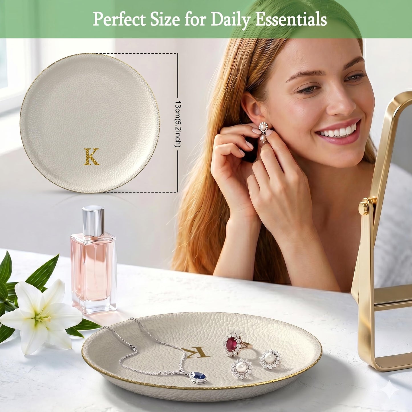 AUTYANL Initial Jewelry Dish for Women, Shatterproof Vegan Leather Ring Holder with Stainless Steel Core, Personalized Monogram Trinket Tray, Birthday Bridesmaid Gift with Box (Cream Letter K)