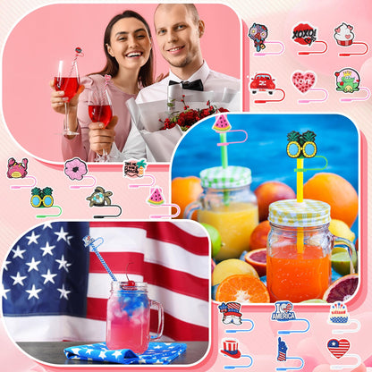 Ovveroche 50 Pcs Holiday Straw Toppers Compatible with Stanley Cup Silicone Cute Straw Cover Cap for Christmas Halloween Easter Independence Day St Patrick's Day 10mm
