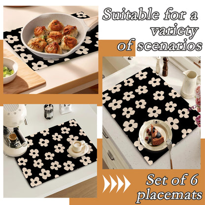 Placemats Set of 6,Abstract Black Flower Heat Resistant Non Slip Table Mats,Washable Wipe Clean Dining Placemats 12 x 18 Inches