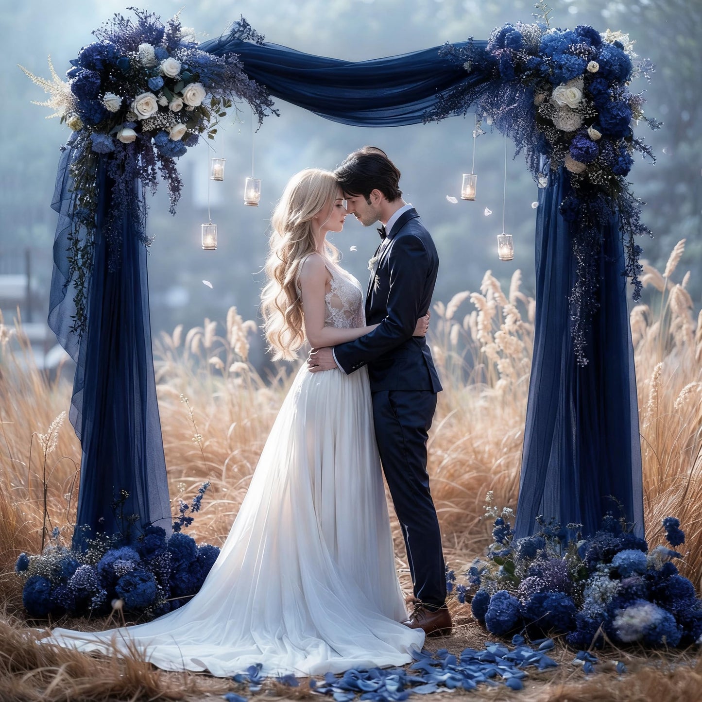 Wedding Arch Draping Fabric, 2 Panels 6 Yards Navy Blue Sheer Backdrop Curtain Window Scarf Valance for Table Event Party Home Decorations（2 Panels）, Navy Blue