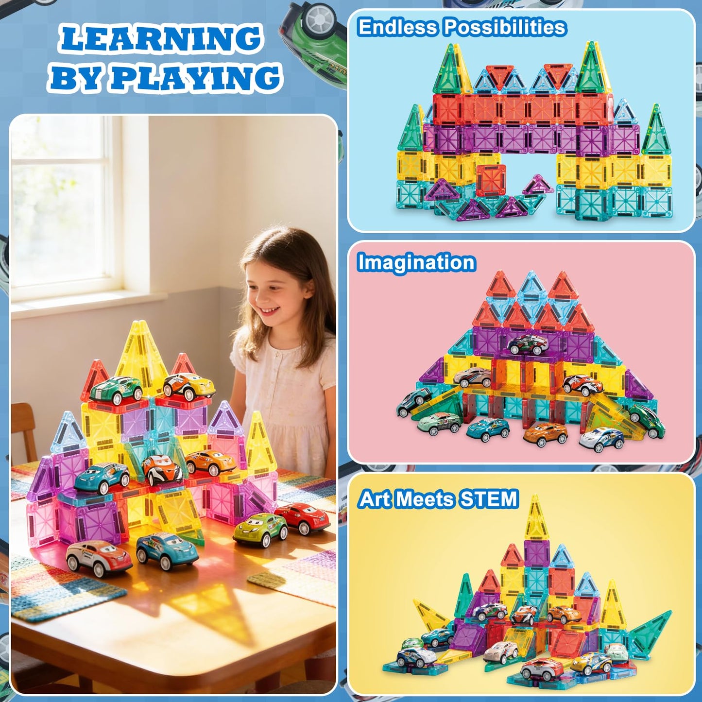 93 PCS Magnetic Tiles Mini Magnetic Building Tiles with Cars, Travel Magnetic Tiles with Storage Bag,STEM Toys for School Acitivities, Ideal Christmas Birthday Gifts for Boys Girls Age 3+ Years Old