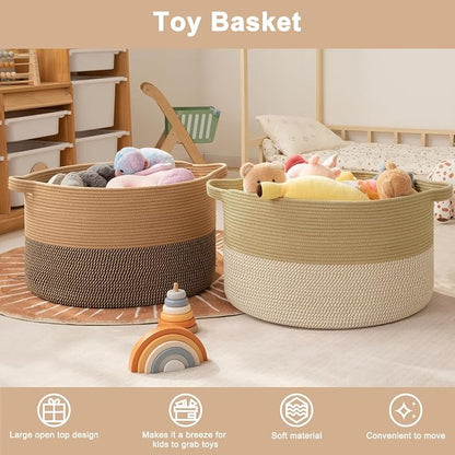 OIAHOMY 90L XXXLarge Blanket Basket for Living Room, 21.7" x 13.8" Woven Cotton Rope Laundry Basket for Organizing Pillows, Decorative Stuffed Animal Toy Storage for Nursery, Jute and Black