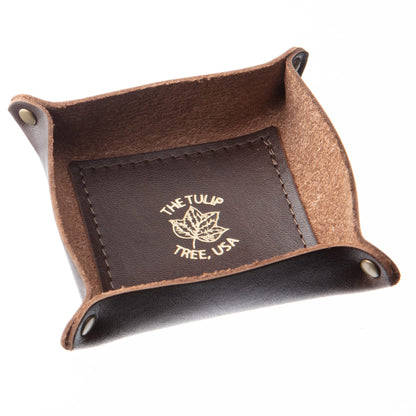 USA Handmade Premium Leather Valet Tray, Jewelry Organizer With Brass Rivets (Dark Walnut Brown, Mini)