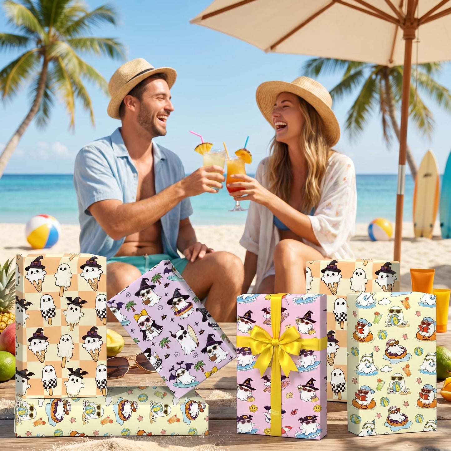 Summer Ghost Wrapping Paper for Kids, 12 Sheets Cute Beach Halloween Wrapping Paper, Kawaii Pastel Spooky Surf Ice Cream & Tropical Designs for Birthday Summer Holiday Party Decor, 19.7 x 27.6 Inch