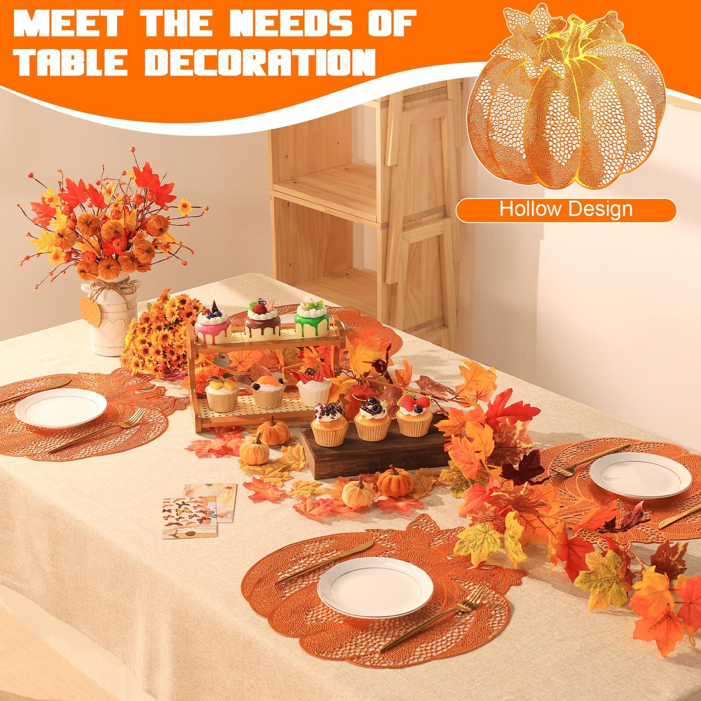 Fall Thanksgiving Pumpkin Placemats Set of 15 Autumn Harvest Table Mats Washable Vinyl Heat Resistant Non-Slip Round Placemat for Fall Halloween Thanksgiving Farmhouse Party Kitchen Table Decor