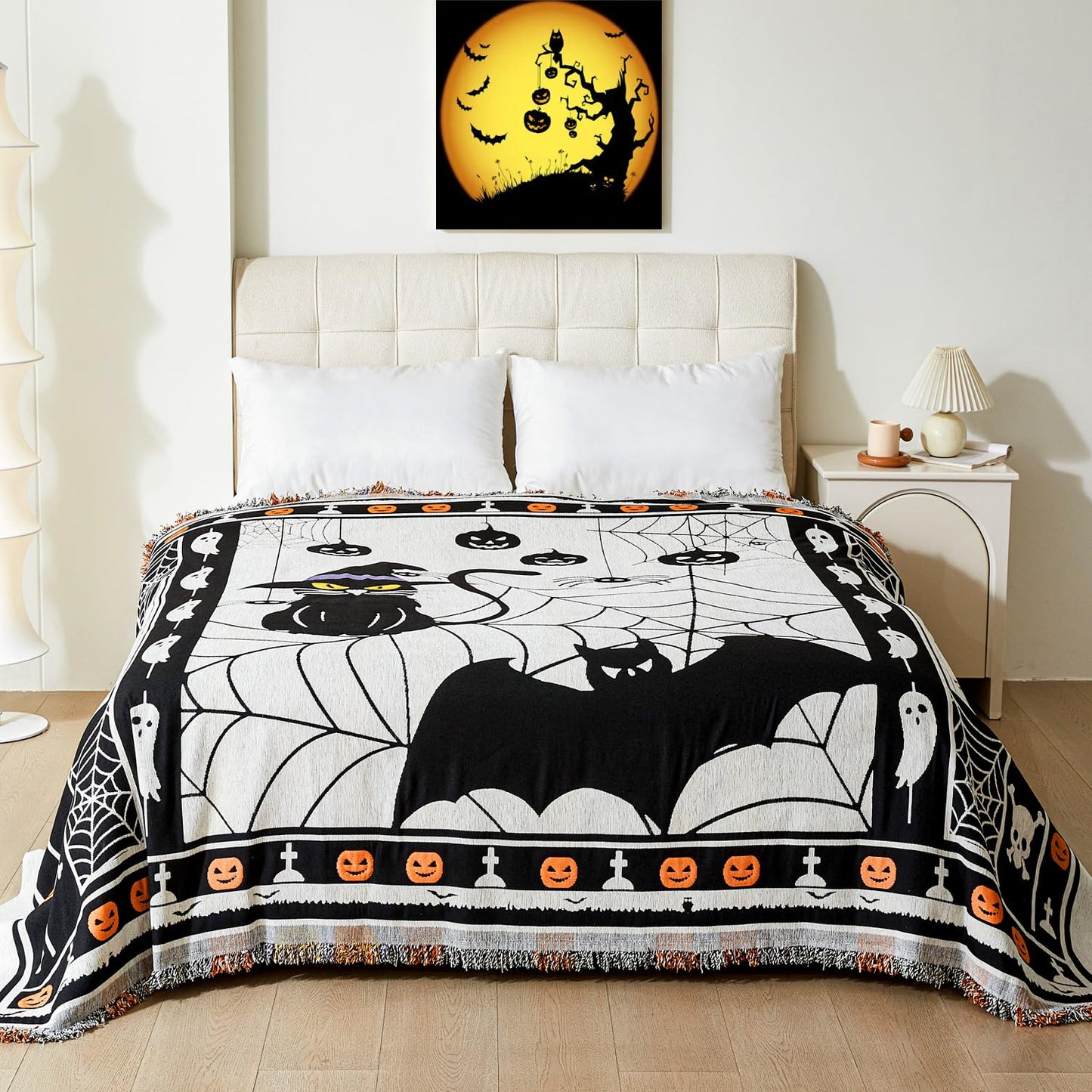 EVENHUG Halloween Theme Sofa Covers with Tassels Reversible Couch Cover for Pets Dogs Halloween Home Decoration Sofa Slipcover for 2-3 Cushion Couch Washable Chenille Couch Protector (71" X102")
