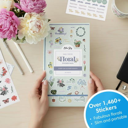 Blue Sky Sticker Book, Everyday and Monthly Planner Stickers, Undated, Glued with Bungee, 1460+ Stickers for Journals and Calendars (Floral, 4.5" x 9")