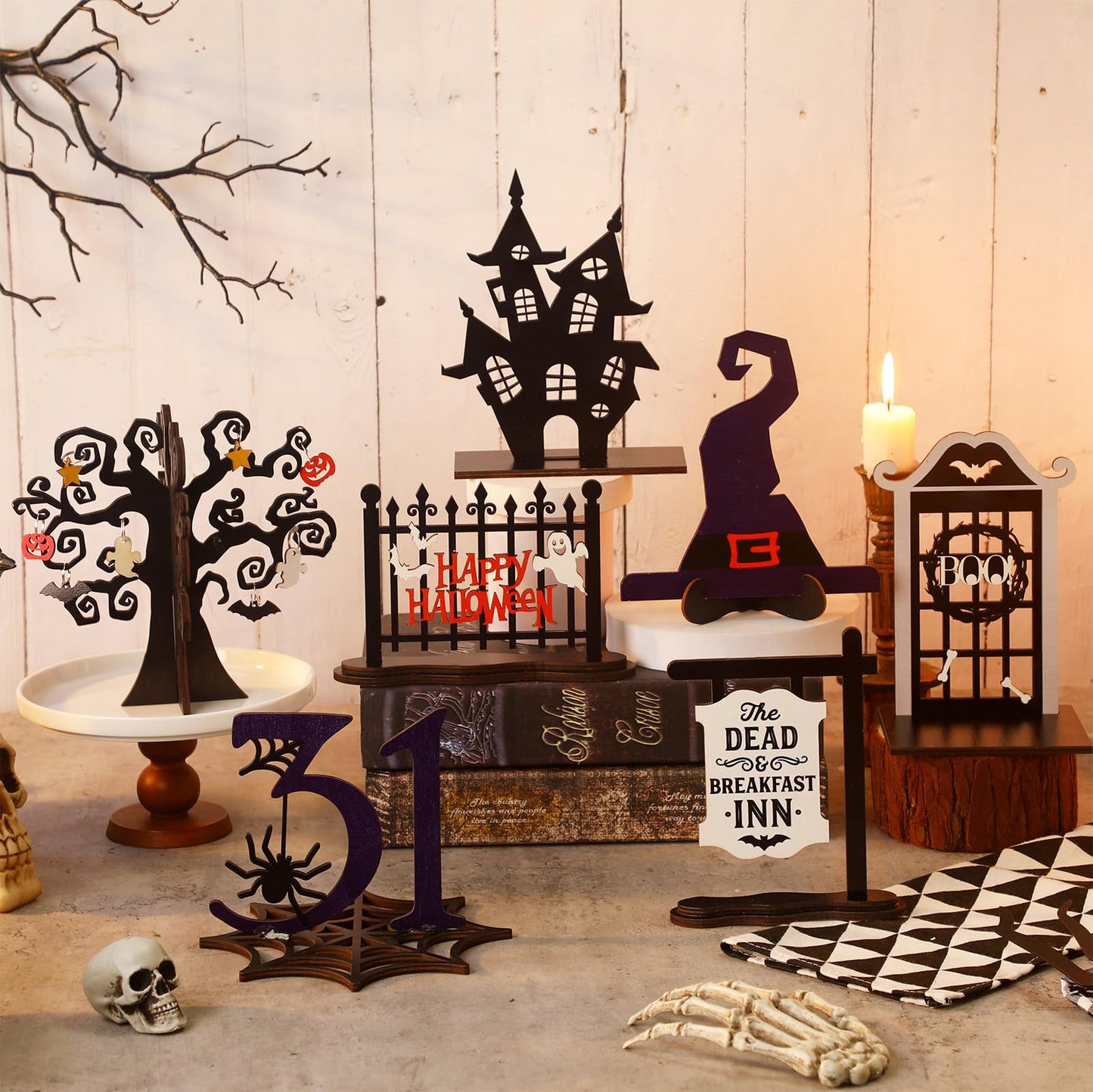 Soaoo 7 Pcs Halloween Wood Centerpieces Decorations 3D Halloween Tiered Tray Wood Decor Spooky Theme Decorations Ghost Party Table Topper for Home Table Shelf Party Display Centerpieces Photo Prop