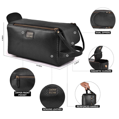 LEATHER VILLAGE Genuine Carbon Fiber Genuine Leather Travel Toiletry Bag - Large Dopp Kit, Water-Resistance Bathroom & Shaving Organizer for Men & Women - Black