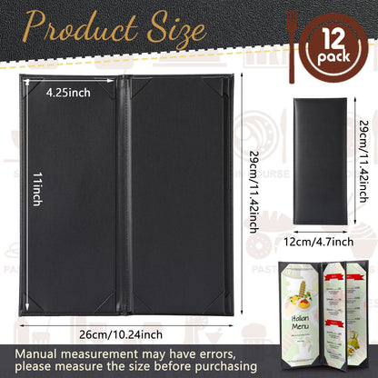 Jexine 12 Pcs Black Menu Covers Waterproof Restaurant Cafe Bar PU Leather 4 View Fold Menu Book with Angled Corners for Wine Drinks Cafes List Covers Set, 4.25 x 11 Inches