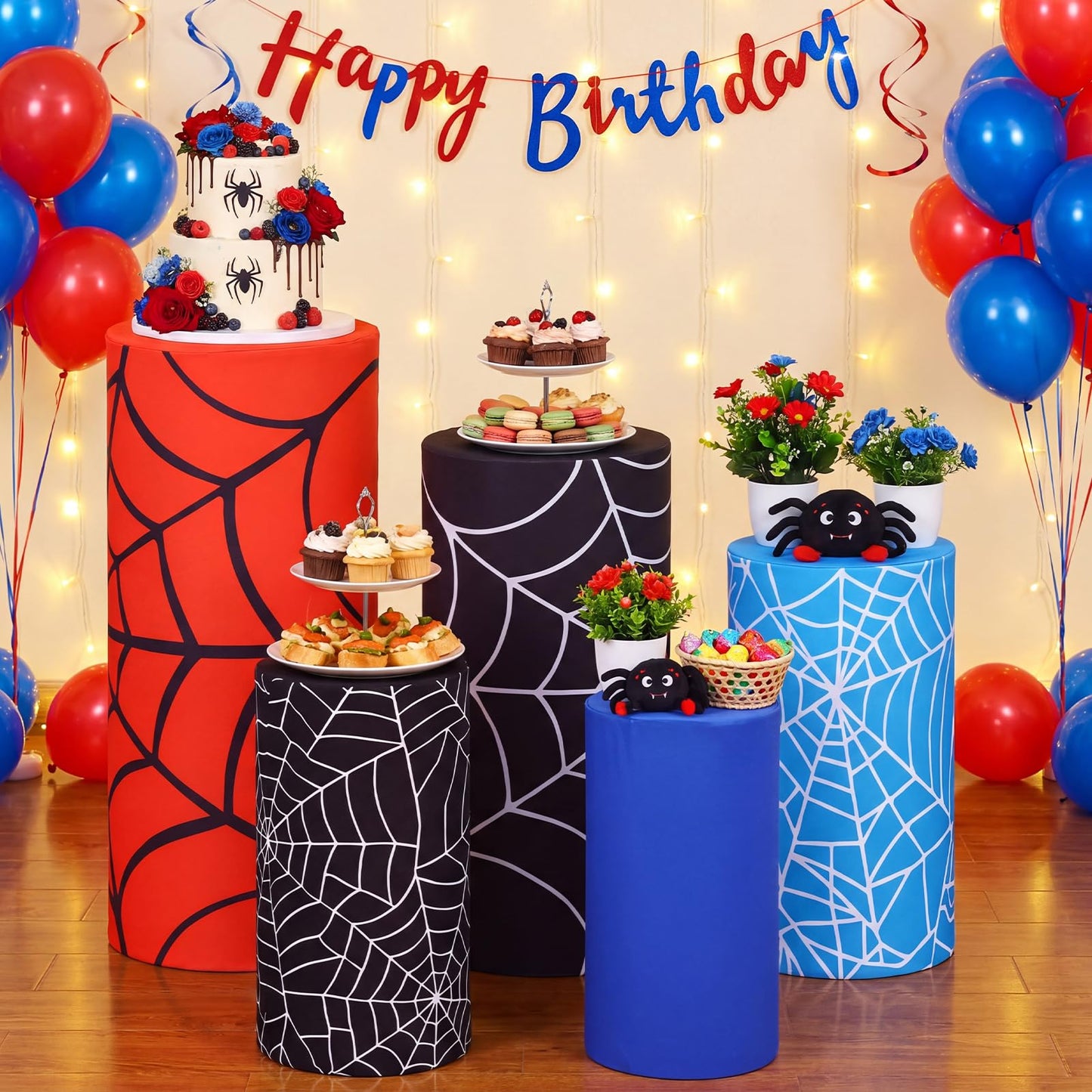 Moukeren 5 pcs Spiderweb Themed Cylinder Pedestal Stand Covers Spandex Plinth Red Blue Cylinder Stand Cover for Spider Web Theme Party Birthday Baby Shower Event Decor