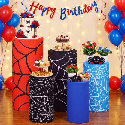 Moukeren 5 pcs Spiderweb Themed Cylinder Pedestal Stand Covers Spandex Plinth Red Blue Cylinder Stand Cover for Spider Web Theme Party Birthday Baby Shower Event Decor