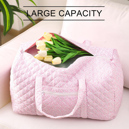 Bulyoou 2 Pack Floral Travel Duffel Bag Large Quilted Travel Duffle Bag and Floral Makeup Pouch Portable Gym Lightweight Weekender Organizer with Zipper Pockets Grocery Pouch for Women(Pink)