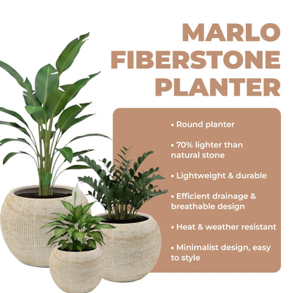 DEPLA LANE Marlo Fiberstone Round Planter (8.5" Pot Opening x 12.6" D x 9.8" H) Ribbed Finish, Lightweight, Durable, UV Resistant, Modern Home Decor, Indoor Outdoor Pot (S, Ribbed Travertine Beige)