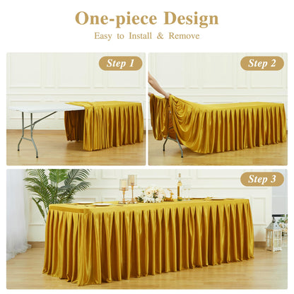 8FT Gold Satin Tablecloths for Rectangle Tables - Shiny Spandex Party Table Cover with Pleated Table Skirt, No-Wrinkle & Glossy Wedding Tablecloth One-Piece for Birthday Baby Shower Banquet Ceremony