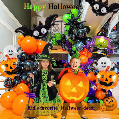 Halloween Balloon Garland Arch Kit 170pcs Orange and Black Purple green balloons with Spooky Spider Bat Pumpkin foil Balloons for fall Halloween Party Decorations