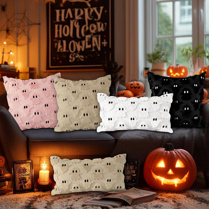 Lanpn Halloween Pillow Covers 18x18 Set of 2, Ghost Throw Pillowcases Soft Plush Faux Fur Wool Decorative Pillow Cover 18x18 Cushion Covers for Sofa Couch Chair Bed Halloween Home Decor (Beige)