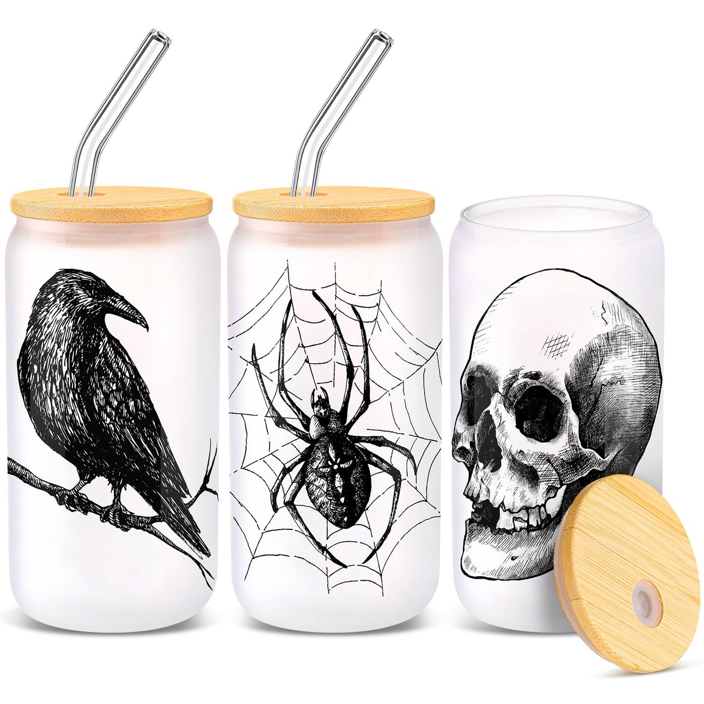 SiliFine 3 Pcs Gothic Christmas Spooky Drinking Party Glasses 16 Oz Goth Spider Web Skull Crow Iced Coffee Cups With Lid Straws Christmas Birthday White Elephant Gifts For Girls Friends