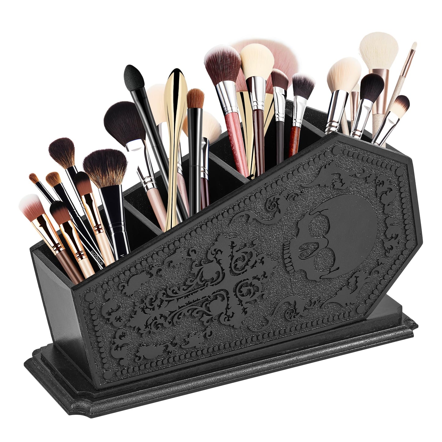 Gothic Coffin Decor Makeup Brush Holder,Spooky Witchy Gifts for Women,Skull Cosmetic Display Cases,Goth Decor Pen Holder, Vanity, Desk, Office Organizer for Christmas Bedroom Bathroom (Black)