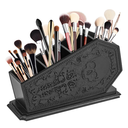 Gothic Coffin Decor Makeup Brush Holder,Spooky Witchy Gifts for Women,Skull Cosmetic Display Cases,Goth Decor Pen Holder, Vanity, Desk, Office Organizer for Christmas Bedroom Bathroom (Black)