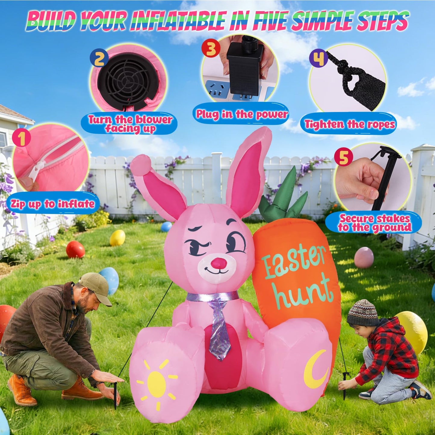 5.15FT Easter Inflatable Bunny Outdoor Decorations, Pink Rabbit with Orange Carrot, Built-in LED Lights and Anchor Kit, Blow Up Yard Decor for Garden, Lawn, Patio, Easter Egg Hunt Party