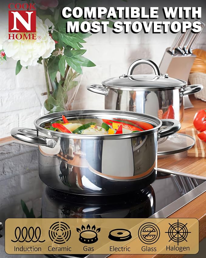 Cook N Home Basics 8 Quart Stainless Steel Stock Pot with Lid, Cooking Pot for Pasta, Soup, Sturdy Handle, Stockpot with Even Heating, Oven & Dishwasher Safe, Cookware for Canning, Boiling