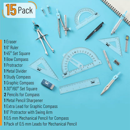 Mr. Pen- Geometry Set, 15 pcs, Light Blue, 6 Inch Swing Arm Protractor, Divider, Set Squares, Ruler, Compasses and Protractor