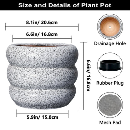 SQOWL Ceramic Pots for Plants - 8 Inch Plant Pot with Drainage Hole, Round Planter for Indoor Plants, Ceramic Flower Pots Outdoor, Modern Planter, Room Decor, Gifts for Plant Lover, Black and White