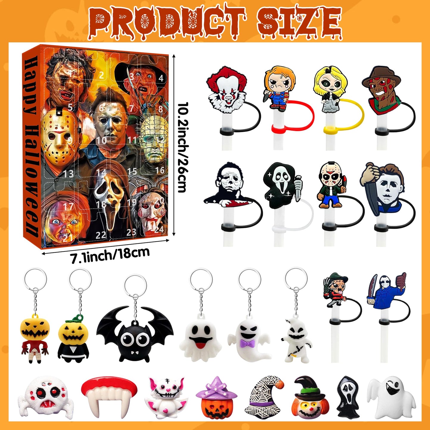 C1krint 2025 Halloween Advent Calendar - Contain 24 Gifts Horror Movie Character Advent Calendar Straw Topper Keychains Figures Toy for Kids Halloween Christmas Countdown Calendar Birthday Party Gifts