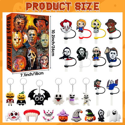 C1krint 2025 Halloween Advent Calendar - Contain 24 Gifts Horror Movie Character Advent Calendar Straw Topper Keychains Figures Toy for Kids Halloween Christmas Countdown Calendar Birthday Party Gifts