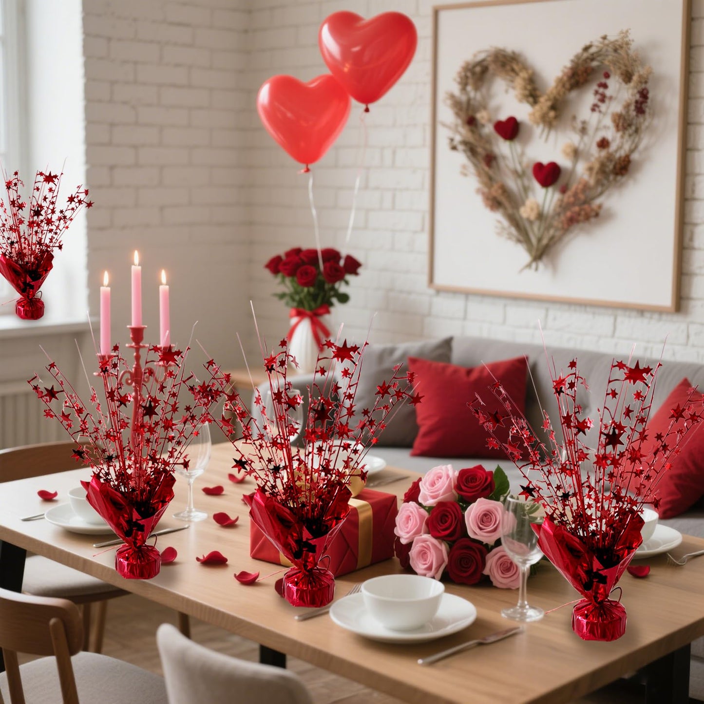 FUBININA 6 Pack Valentine's Day Table Centerpieces Metallic Red Foil Spray Centerpiece Star Table Decoration Burst for Birthday Wedding Memorial Christmas Anniversary Nye Party Supplies Decor