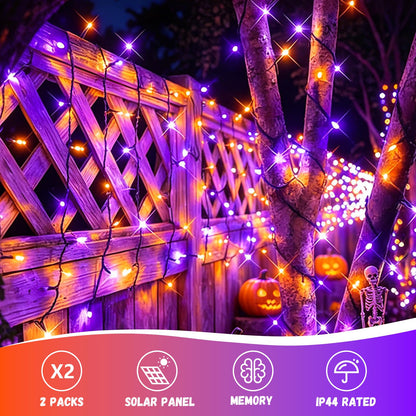 QITONG Orange and Purple Solar String Lights, 2 Pack Each 66ft 200 LED Halloween String Lights Outdoor Waterproof, 8 Modes Christmas Solar Twinkle Lights for Halloween Decor