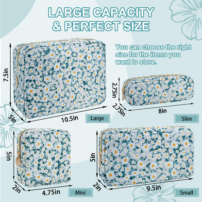 UIXIZQ Waterproof Large Floral Makeup Pouch,Nylon Travel Toiletry Storage Purse Preppy Cosmetic Bag for Women Girl,Large Capacity Makeup Organizer Zipper Pouch for Work(L Green-Daisy)