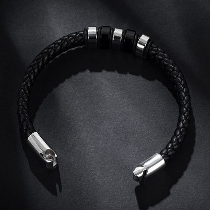 LJWVX Mens Black Leather Bracelets,Braided Leather Wristband Cuff,Stainless Steel Clasp,Bracelet Gift for Dad