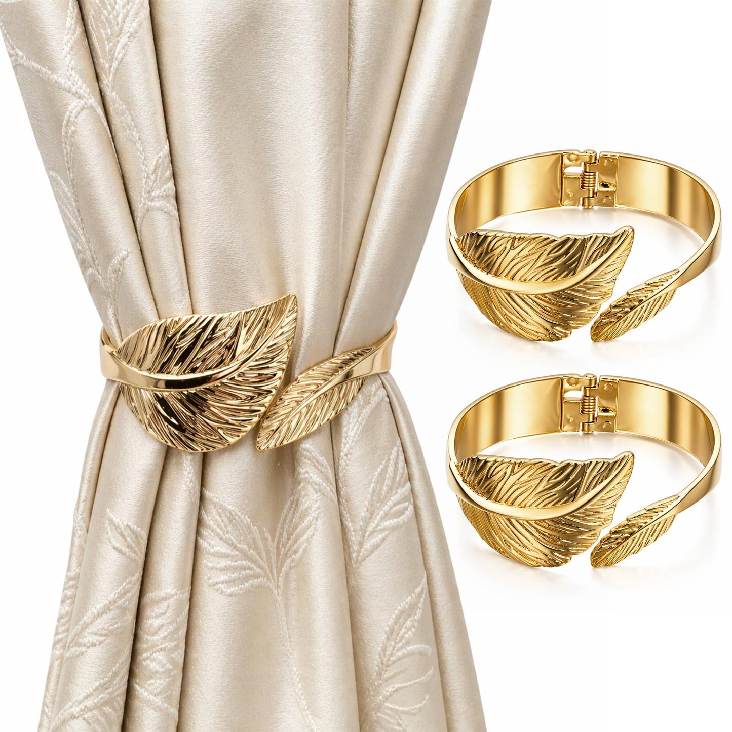Curtain Tiebacks 2Pcs Curtain Ties Elegant Feather Curtain Tie backs Premium Alloy Spring Curtain Clips No Drilling Curtain Ties for Modern Luxury French Nordic Minimalist Home Decor Curtain Holdbacks