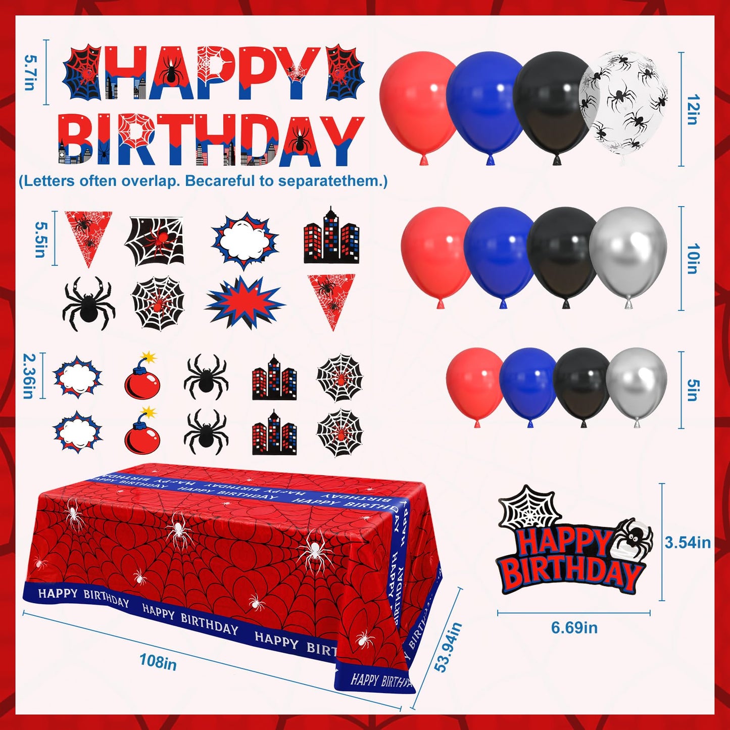 Black Red and Blue Birthday Party Decorations, 67 Pcs Spider Balloons Party Supplies with Table Cloth, Happy Birthday Banner Garland, Foil Fringe Curtains, Spider Cake Topper for Cartoon Shower Theme
