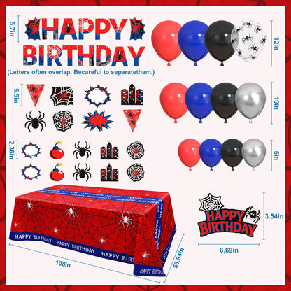 Black Red and Blue Birthday Party Decorations, 67 Pcs Spider Balloons Party Supplies with Table Cloth, Happy Birthday Banner Garland, Foil Fringe Curtains, Spider Cake Topper for Cartoon Shower Theme