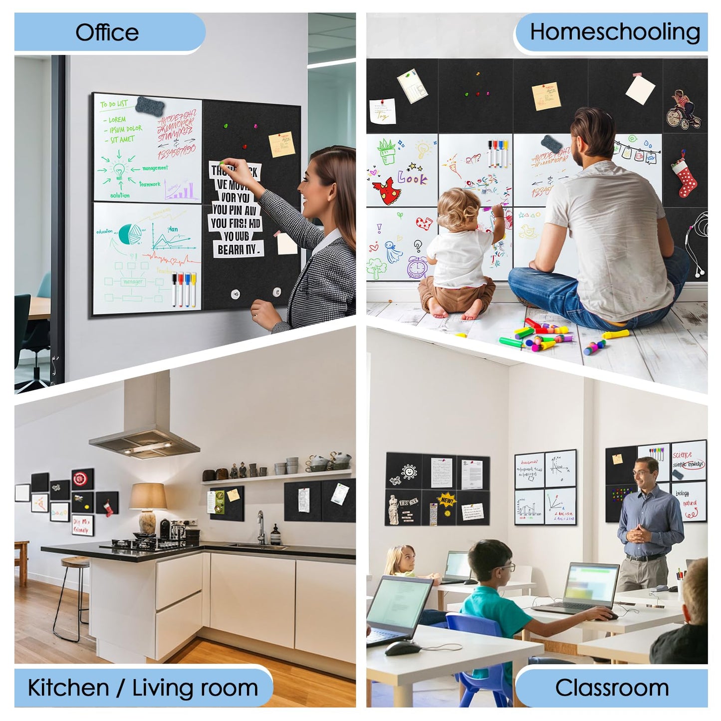 BXI Magnetic Dry Erase Whiteboard & Felt Bulletin Board with Pins Combo, 16 Pcs 12 X 12 X 3/8 Inch Self-Adhesive Vision Display Tiles, Note Memo Panels for Home School Education Office Wall Decor