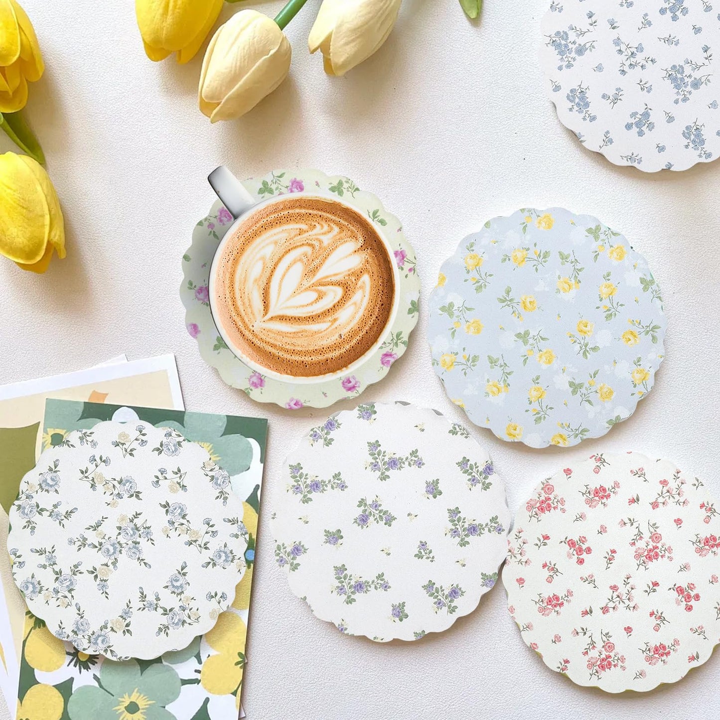 Stranthother 6 Pcs Scalloped Floral Ceramic Coasters with Holder,Round Cute Wildflower Coaster with Cork Base,Funny Decorative Absorbent Drinks Coasters,Coffee Table Decor Housewarming Gifts,4 Inch