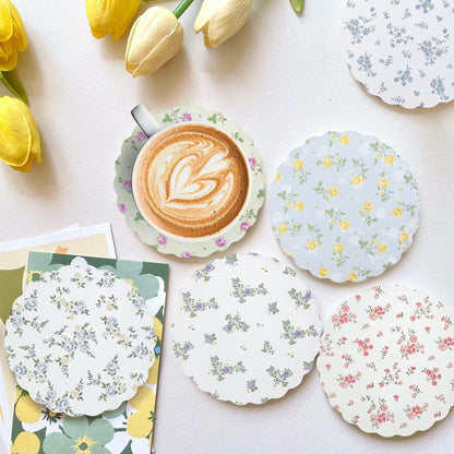 Stranthother 6 Pcs Scalloped Floral Ceramic Coasters with Holder,Round Cute Wildflower Coaster with Cork Base,Funny Decorative Absorbent Drinks Coasters,Coffee Table Decor Housewarming Gifts,4 Inch