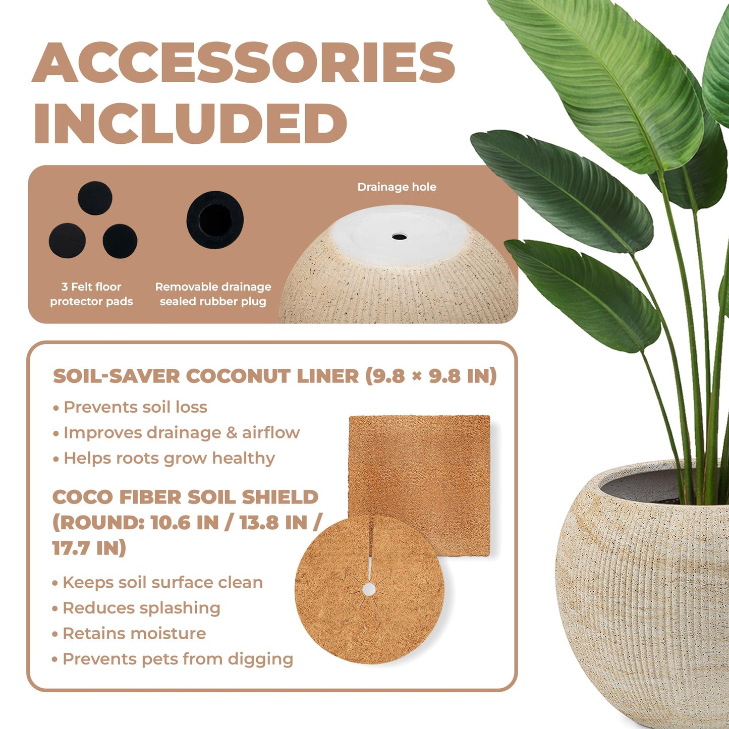 DEPLA LANE Marlo Fiberstone Round Planter (8.5" Pot Opening x 12.6" D x 9.8" H) Ribbed Finish, Lightweight, Durable, UV Resistant, Modern Home Decor, Indoor Outdoor Pot (S, Ribbed Travertine Beige)