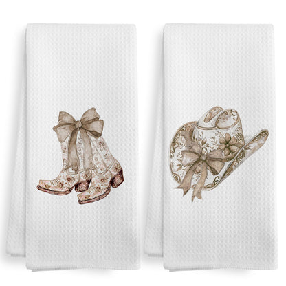 XNXLDYLH Preppy Bow Western Bath Kitchen Towels and Dishcloths Sets of 2, Coquette Brown Beige Tan Cowgirl Chinoiserie Floral Home Bathroom Decor Dish Hand Tea Towels for Bathroom Kitchen, 16x24 Inch