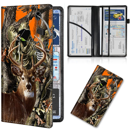 Car Registration and Insurance Card Holder, Premium Leather Vehicle Wallet Cover for Glove Box Car Organizer Drivers License / Cards / ID - Essentials Document Holder, Camo Camouflage Deer Hunter